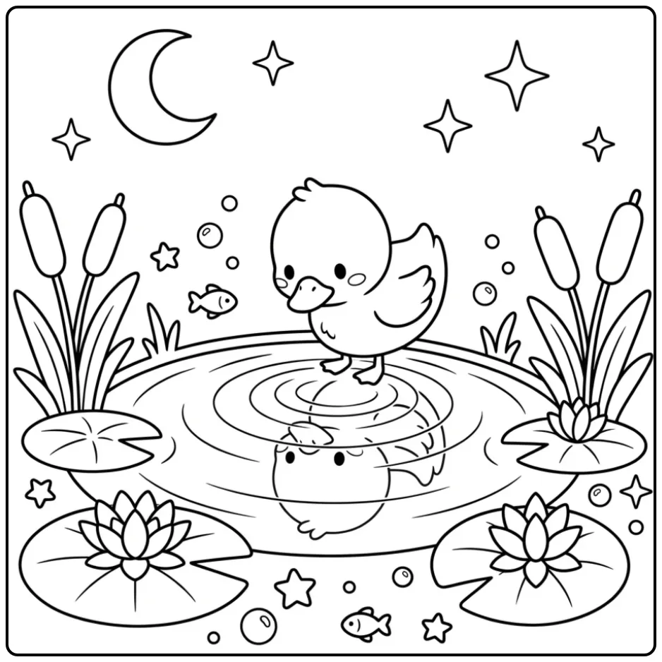 Dreamy duck coloring page in a pond with reeds and stars