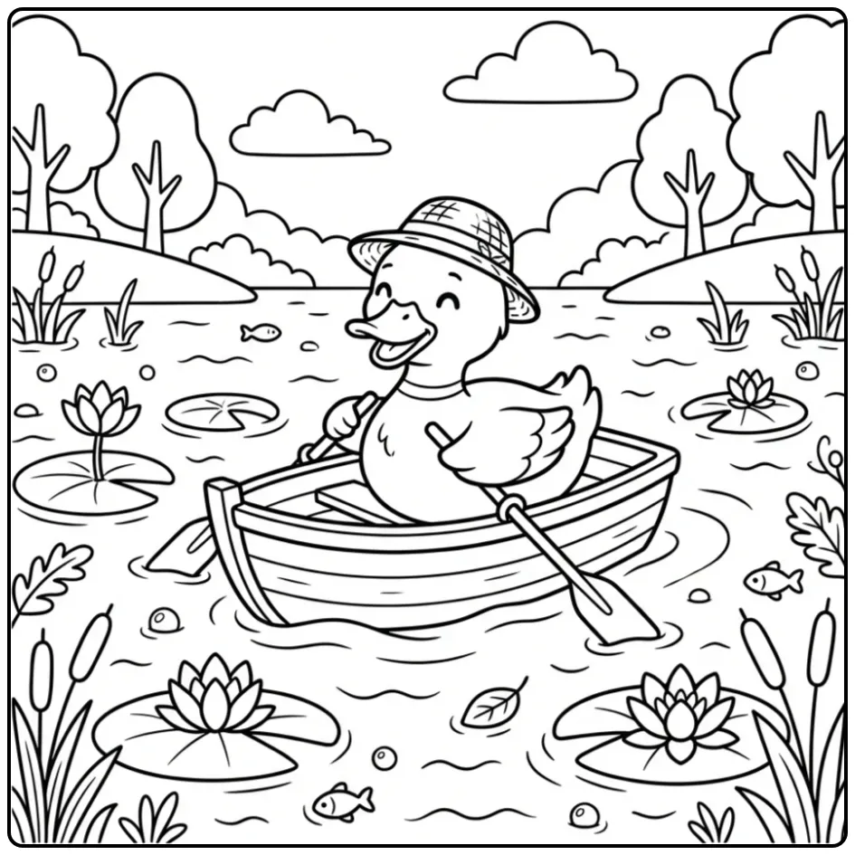Duck coloring page in a rowboat with a straw hat