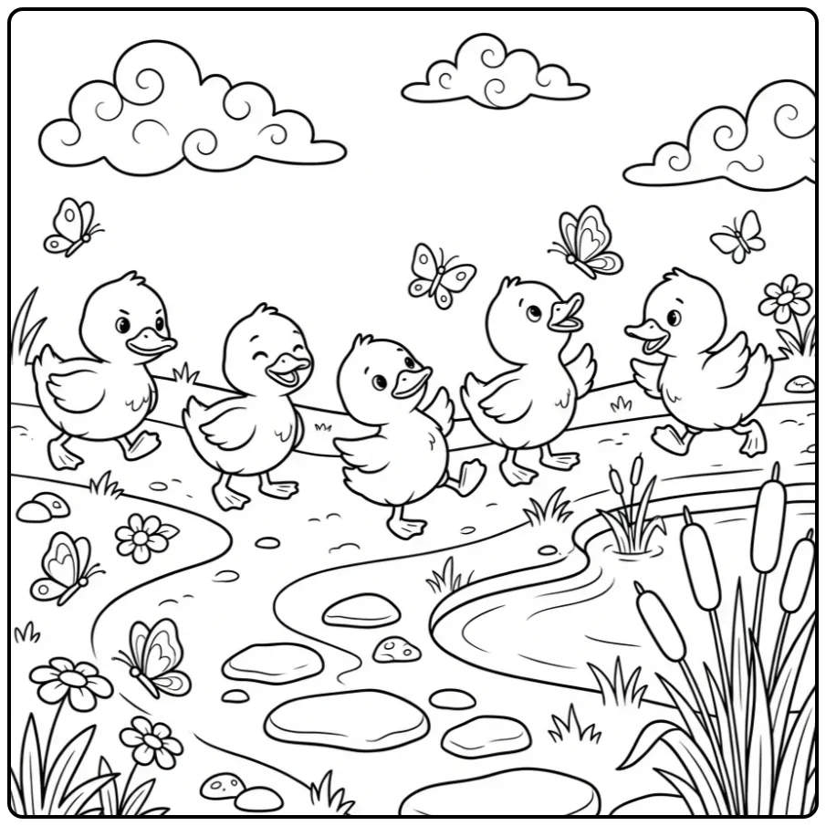 Ducklings coloring page walking in a row with butterflies