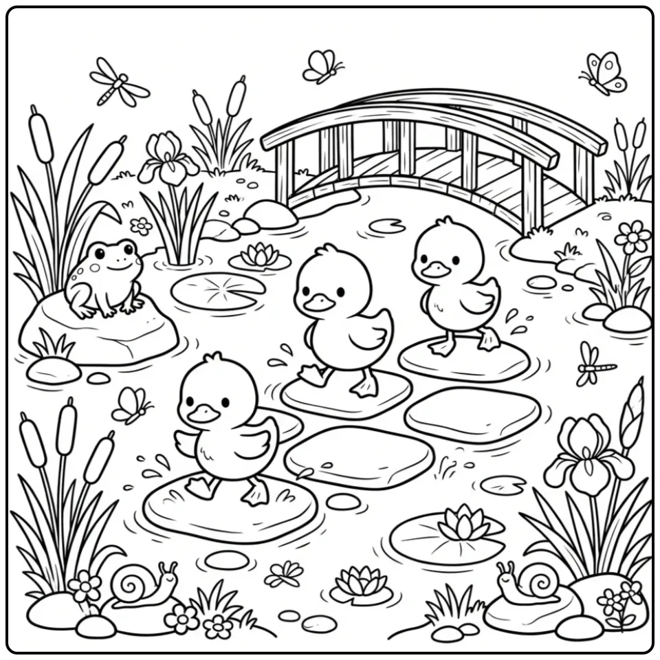 Ducklings coloring page hopping on river stones