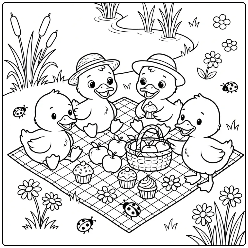 Ducklings coloring page having a picnic together