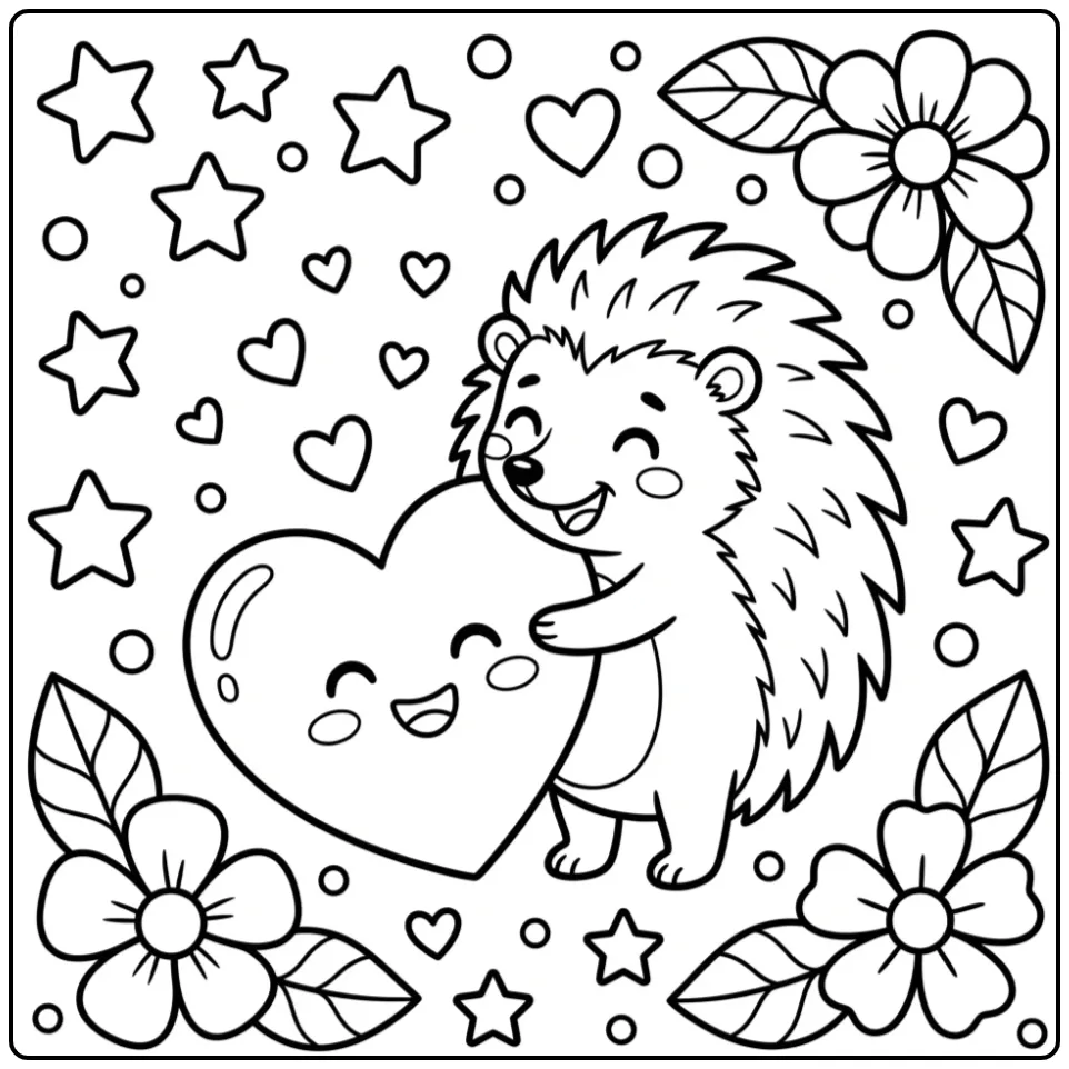 Toddler hedgehog coloring page hugging a heart