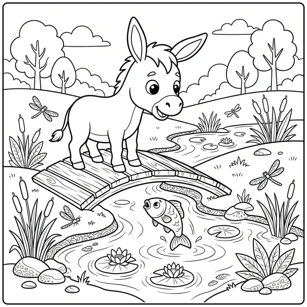 Donkey coloring page on a bridge with a jumping fish