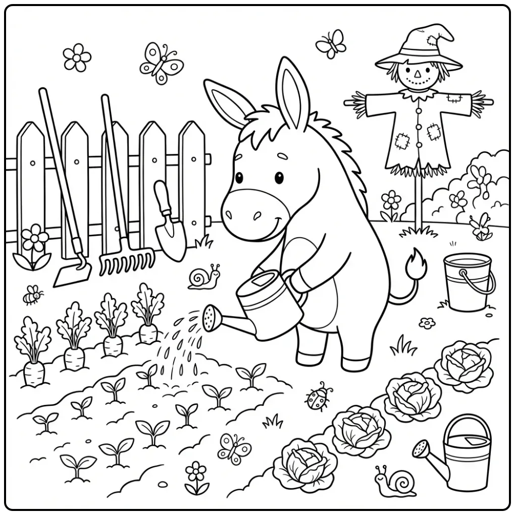 Donkey coloring page watering plants in a vegetable garden