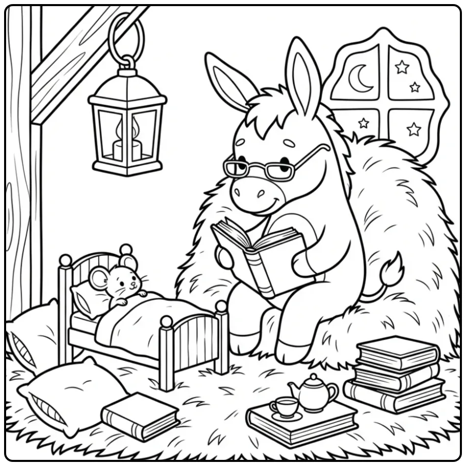 Donkey coloring page reading a story to a mouse
