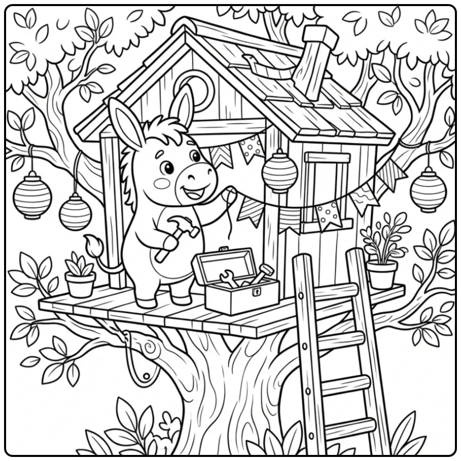 Donkey coloring page decorating a treehouse with lanterns