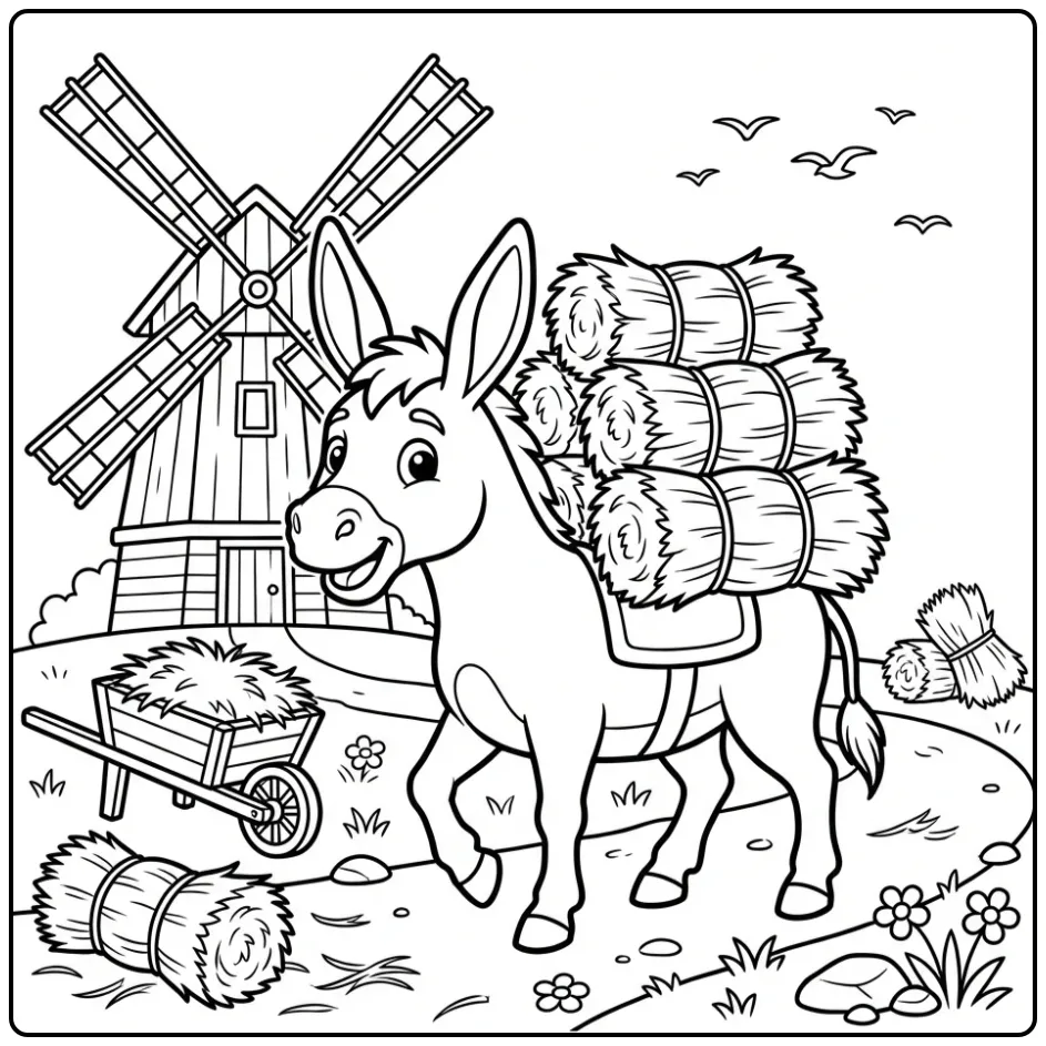 Donkey coloring page carrying hay near a windmill