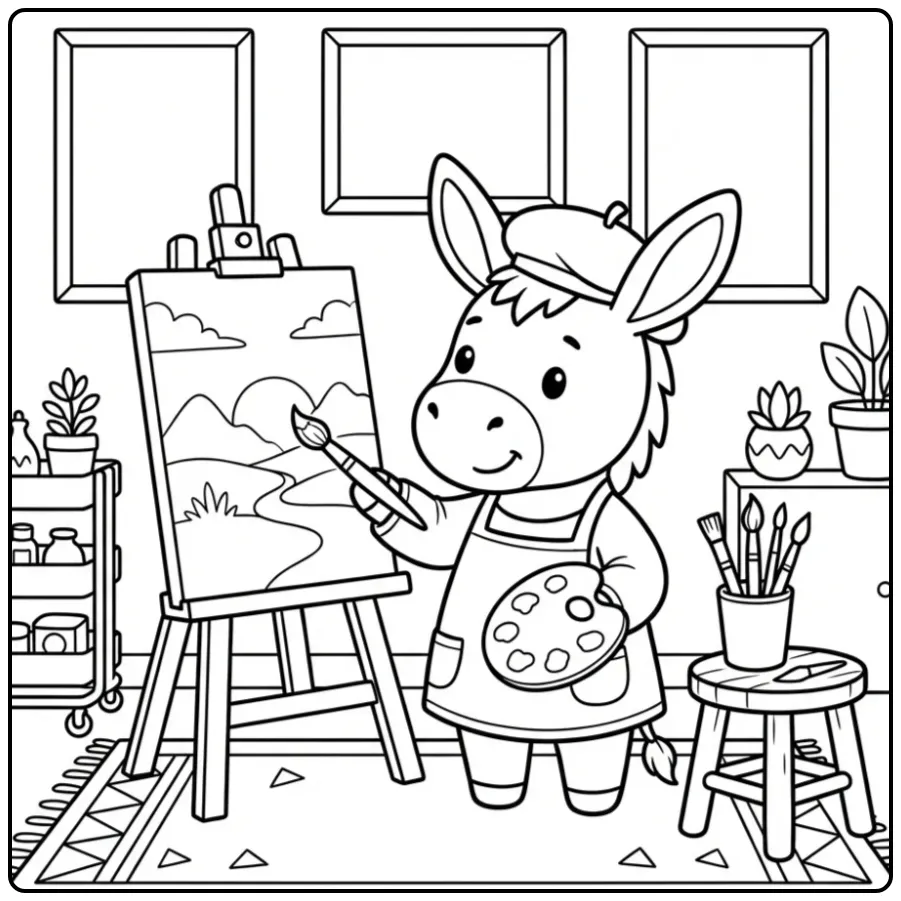 Donkey coloring page making a painting