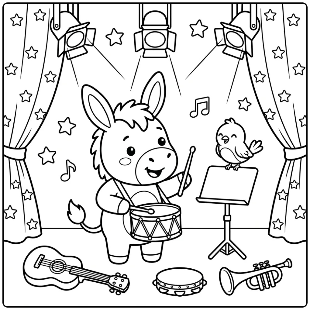 Donkey coloring page playing a drum on stage