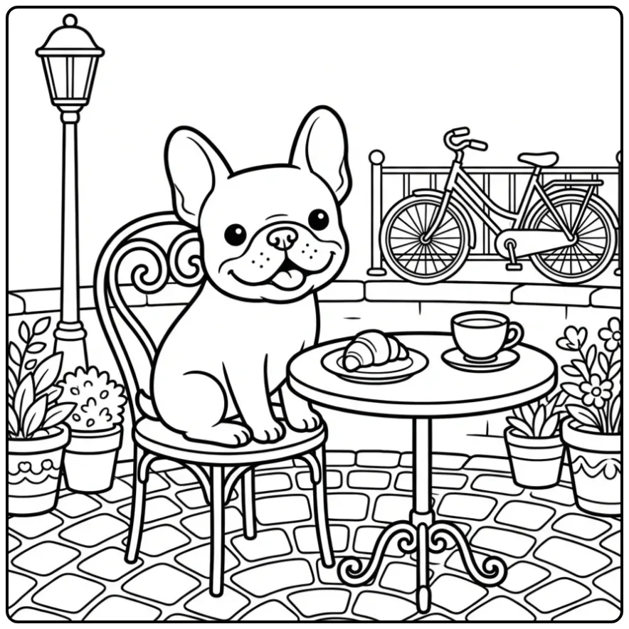 Cute French Bulldog on a Cafe Terrace coloring page