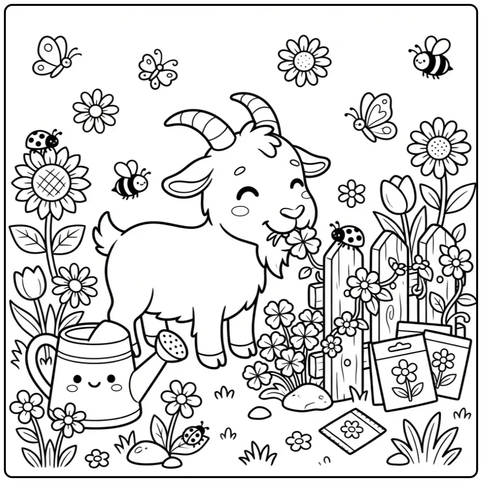 Happy goat coloring page eating clover by a garden fence