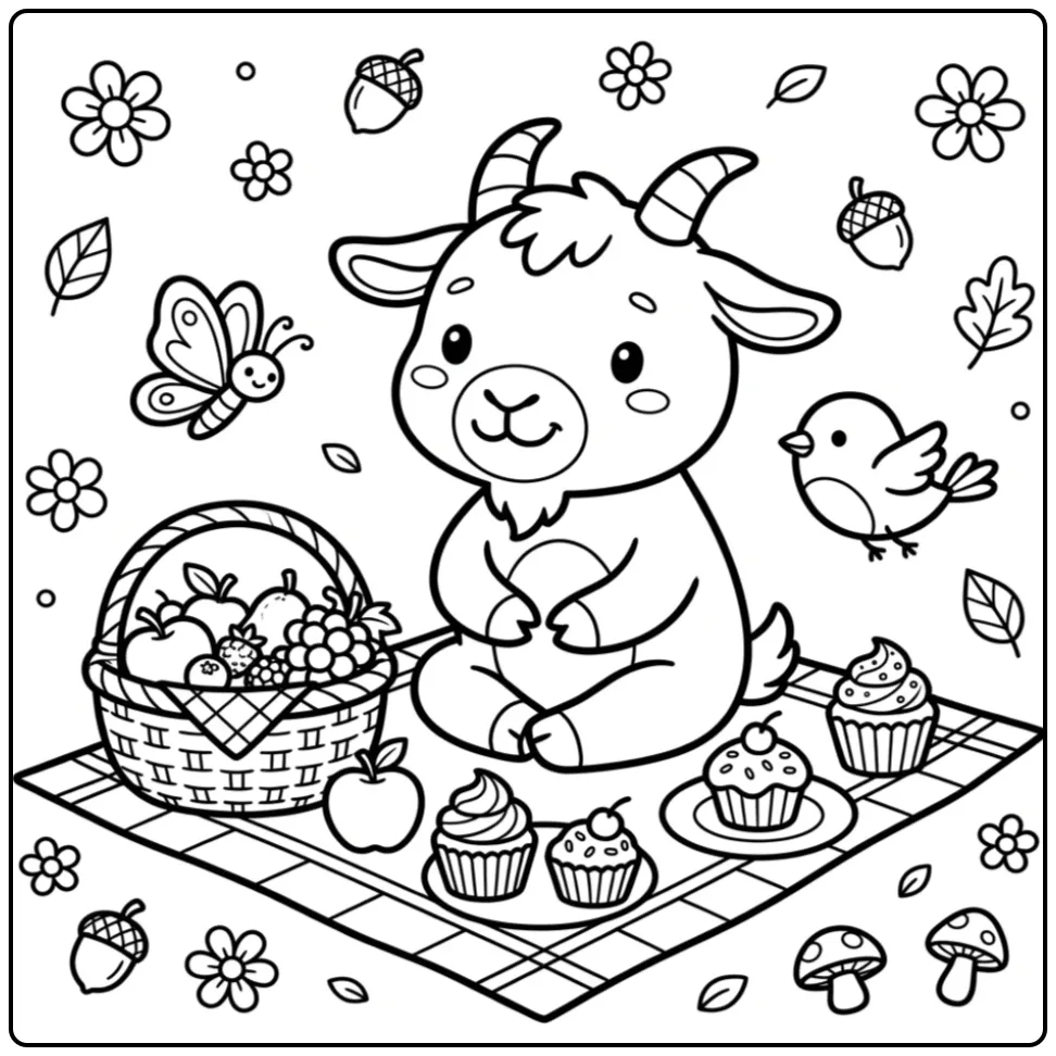 Goat coloring page on a picnic blanket with a basket