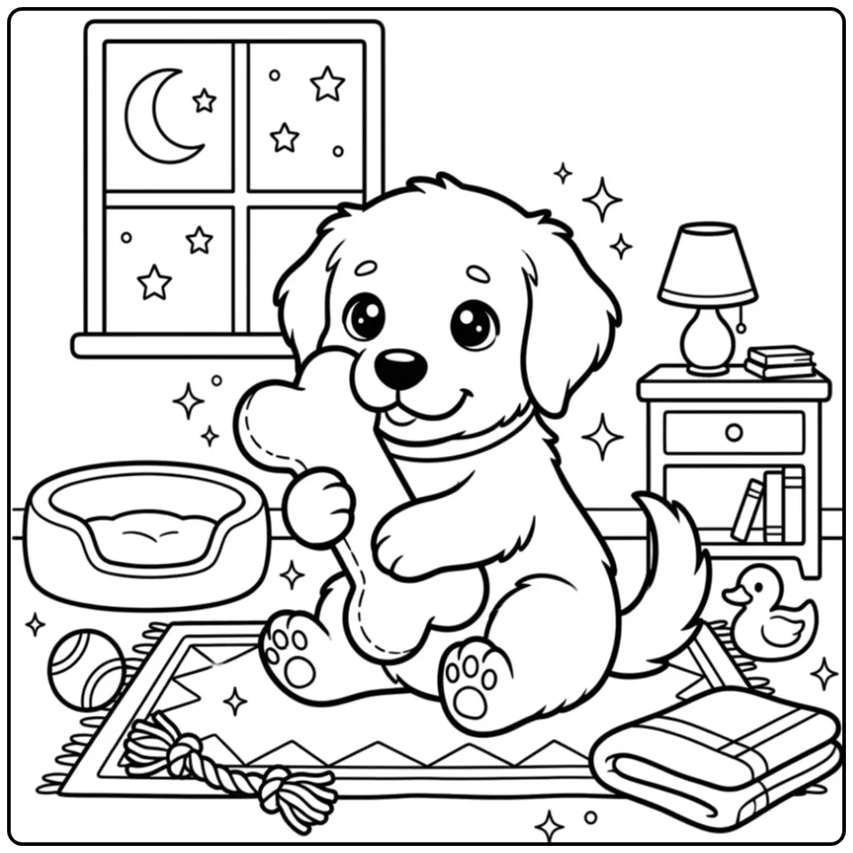 Cute Golden Retriever Puppy with a Plush Bone coloring page
