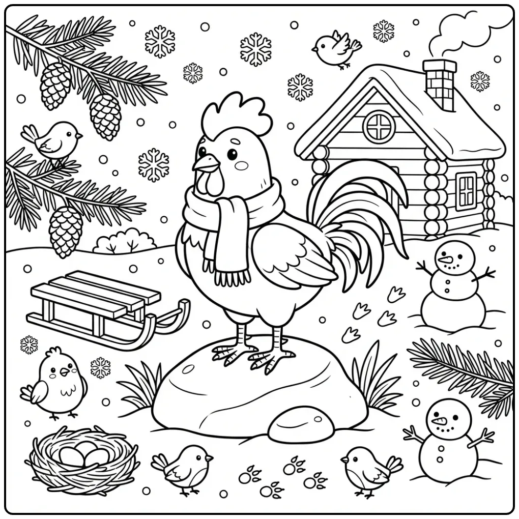 Winter rooster coloring page with a scarf and sled