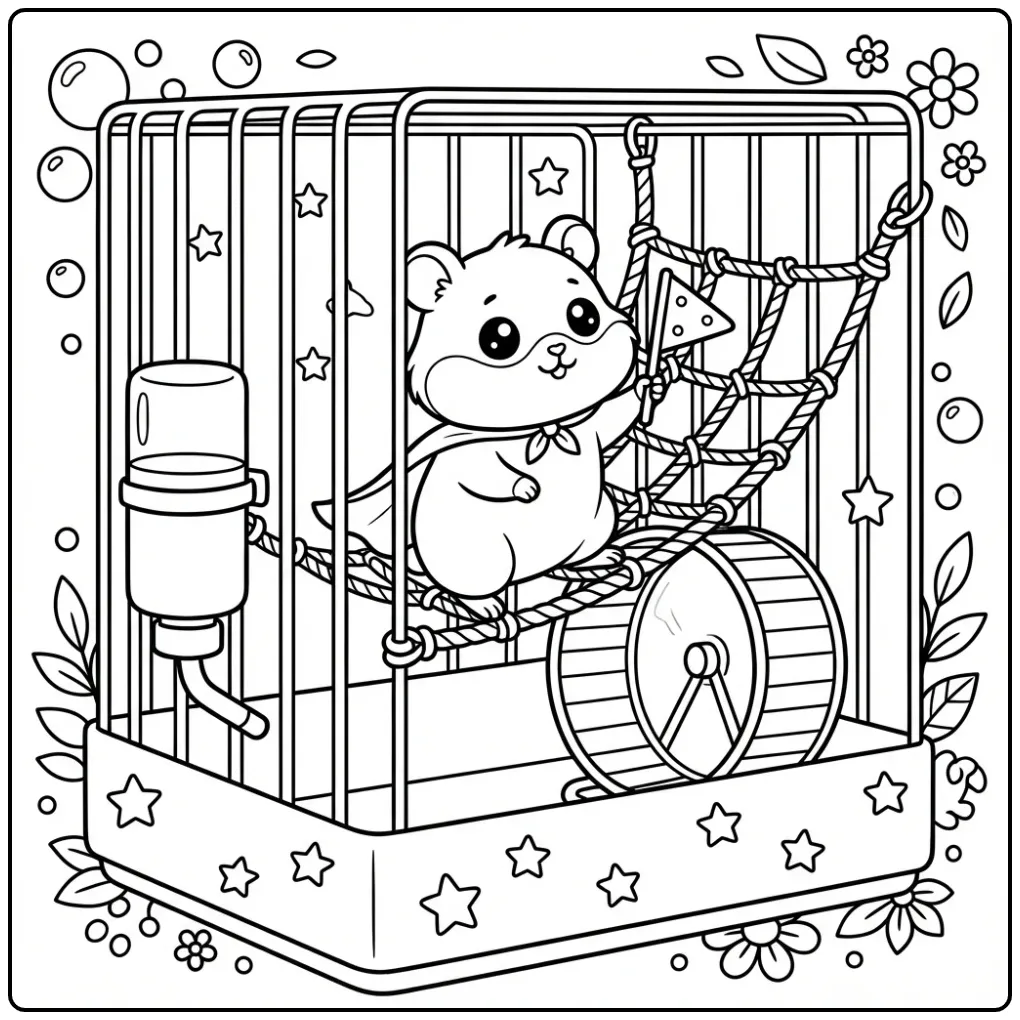 Hamster in cage coloring page climbing bravely