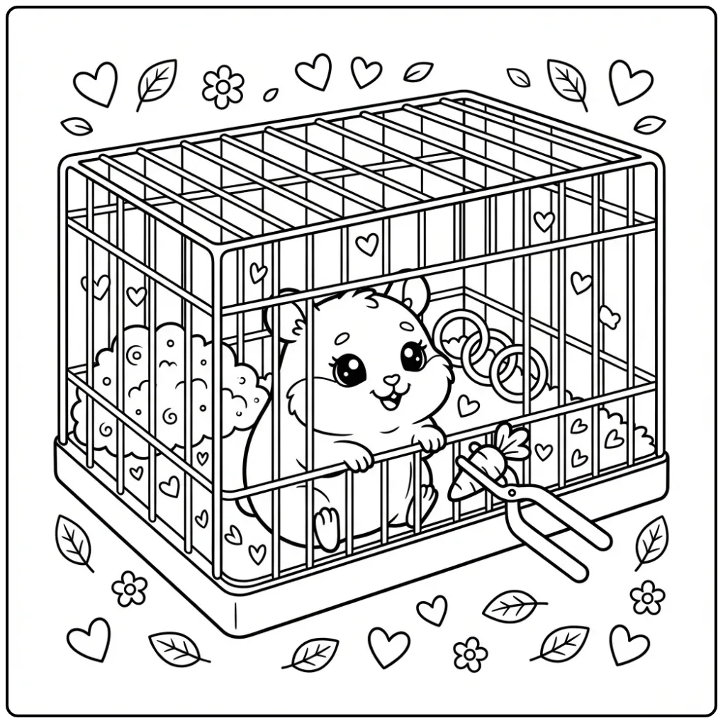 Hamster in cage coloring page receiving a carrot