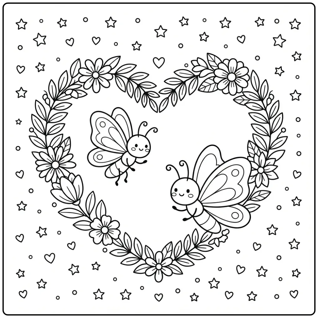 Hearts and butterflies coloring page with a floral wreath