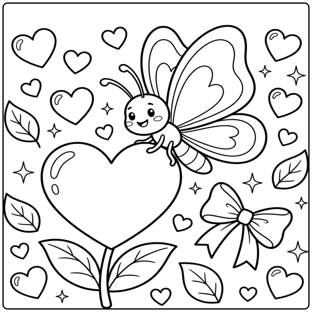 Hearts and butterflies coloring page on a flower
