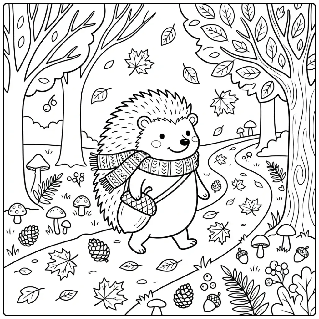 Autumn hedgehog coloring page with a scarf in the forest