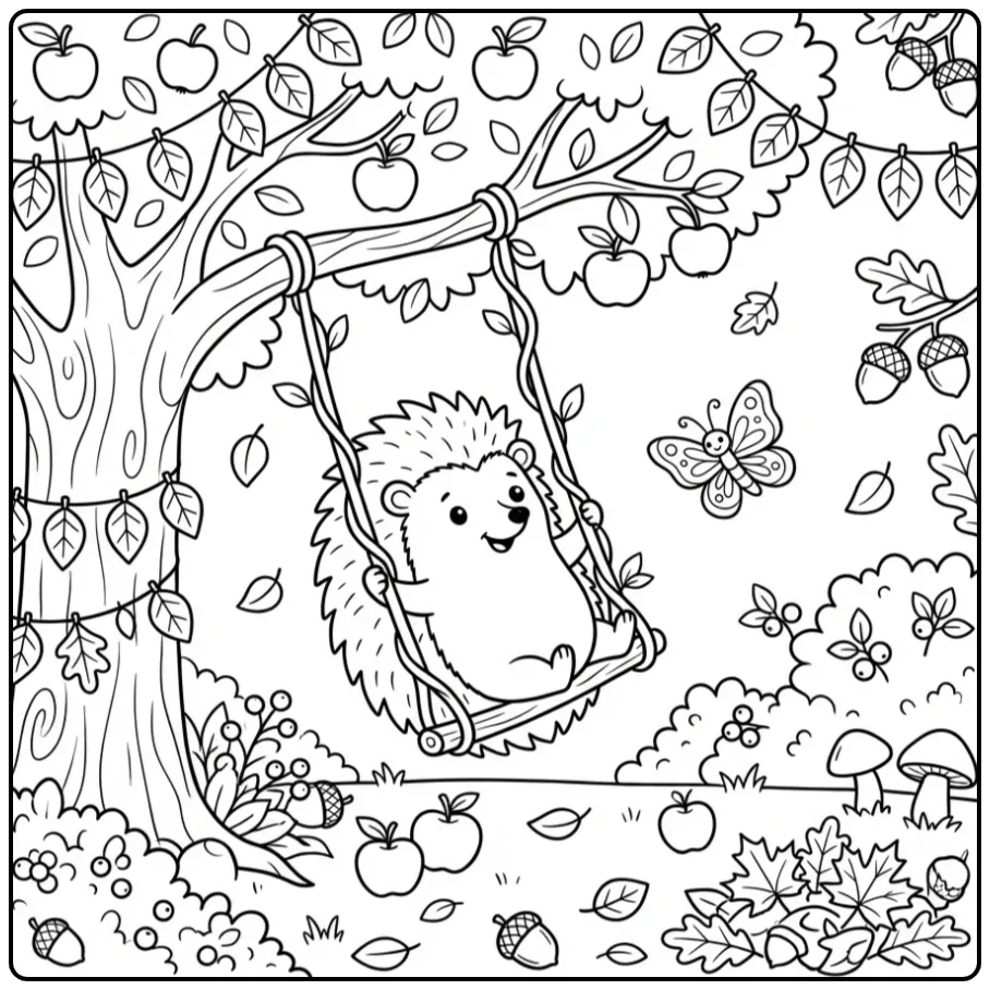 Autumn hedgehog coloring page under an apple tree