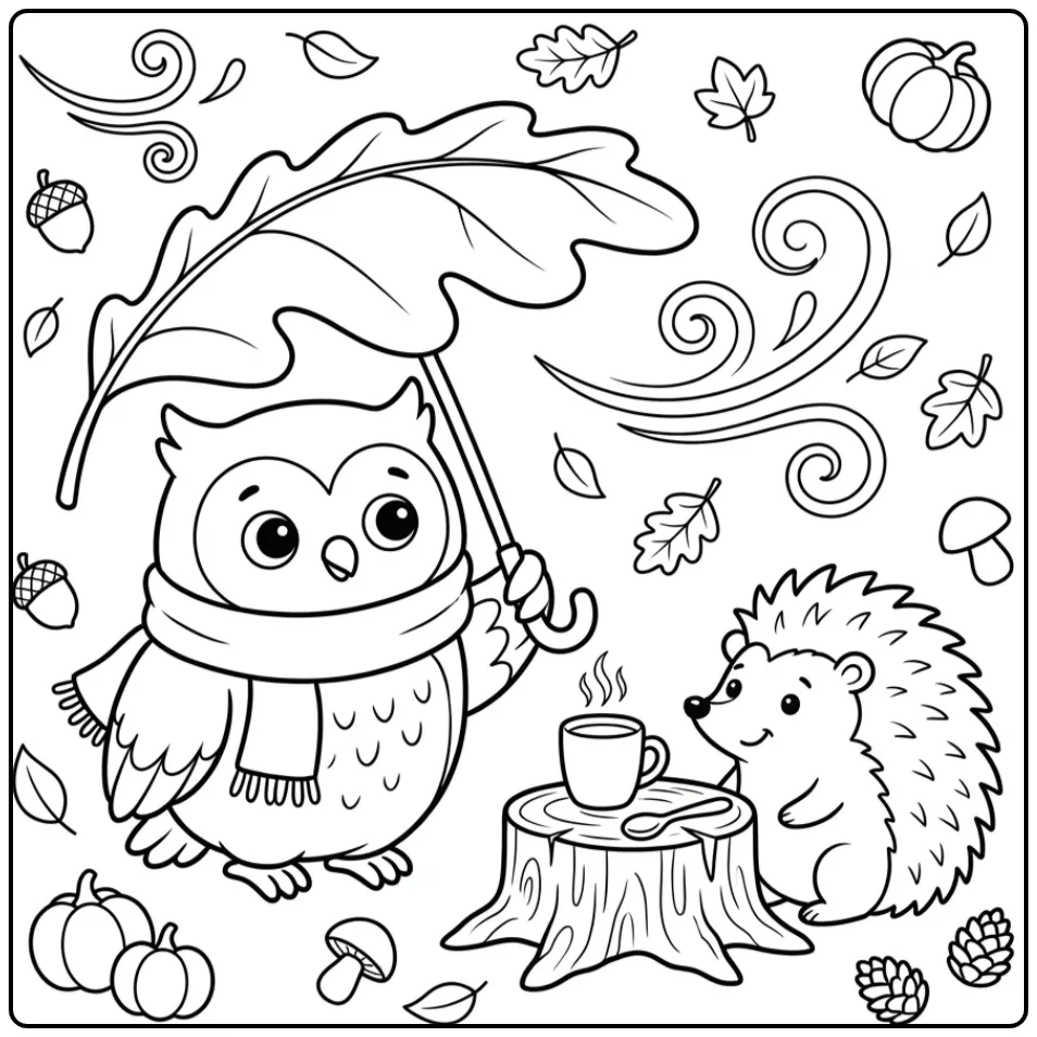 Autumn owl coloring page with a leaf umbrella and hedgehog