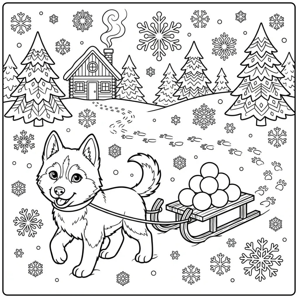Cute Husky with a Sled in the Snow coloring page