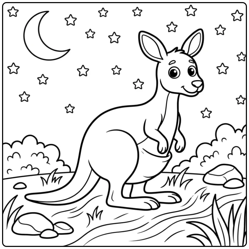 Kangaroo coloring page under a starry sky and moon