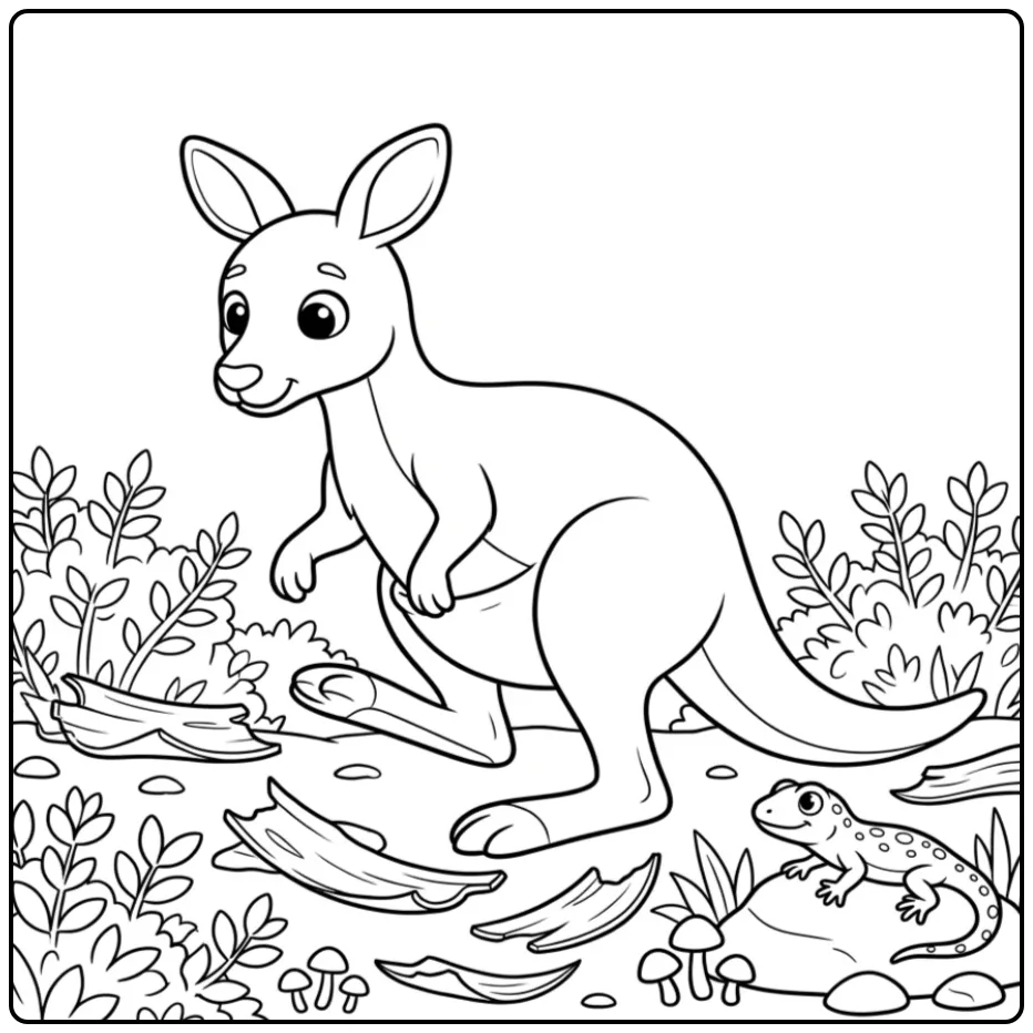 Detailed kangaroo coloring page in the bushes