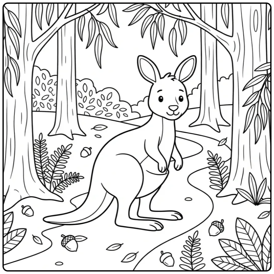 Kangaroo coloring page in a eucalyptus forest