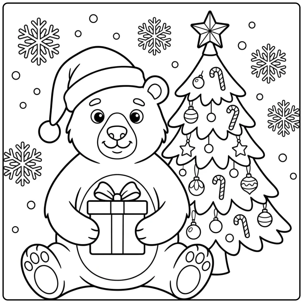 Christmas bear coloring page with hat and gift