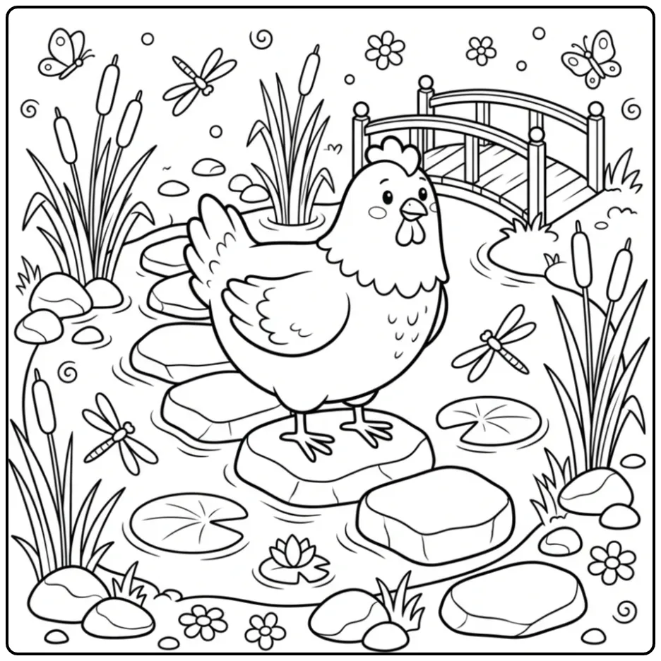 Chicken coloring page crossing stepping stones by a pond