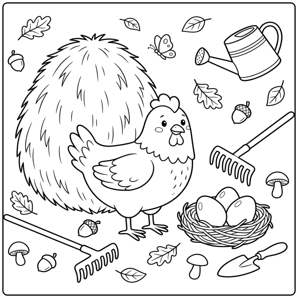 Farm chicken and egg coloring page with a hay bale