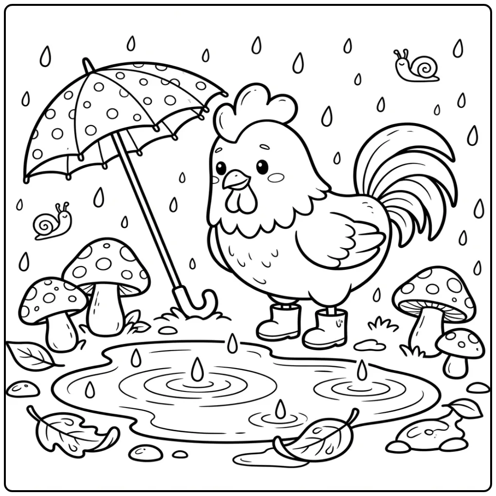 Rainy rooster coloring page under a small umbrella