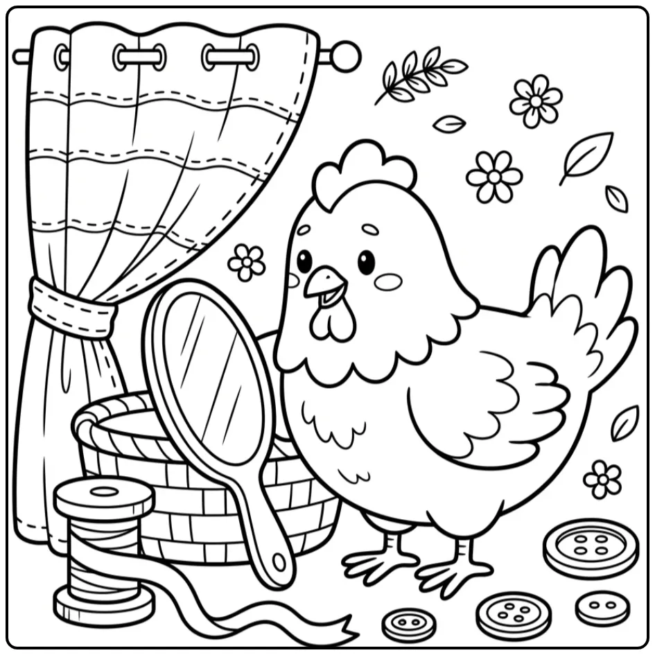 Chicken coloring page looking in a mirror by a basket