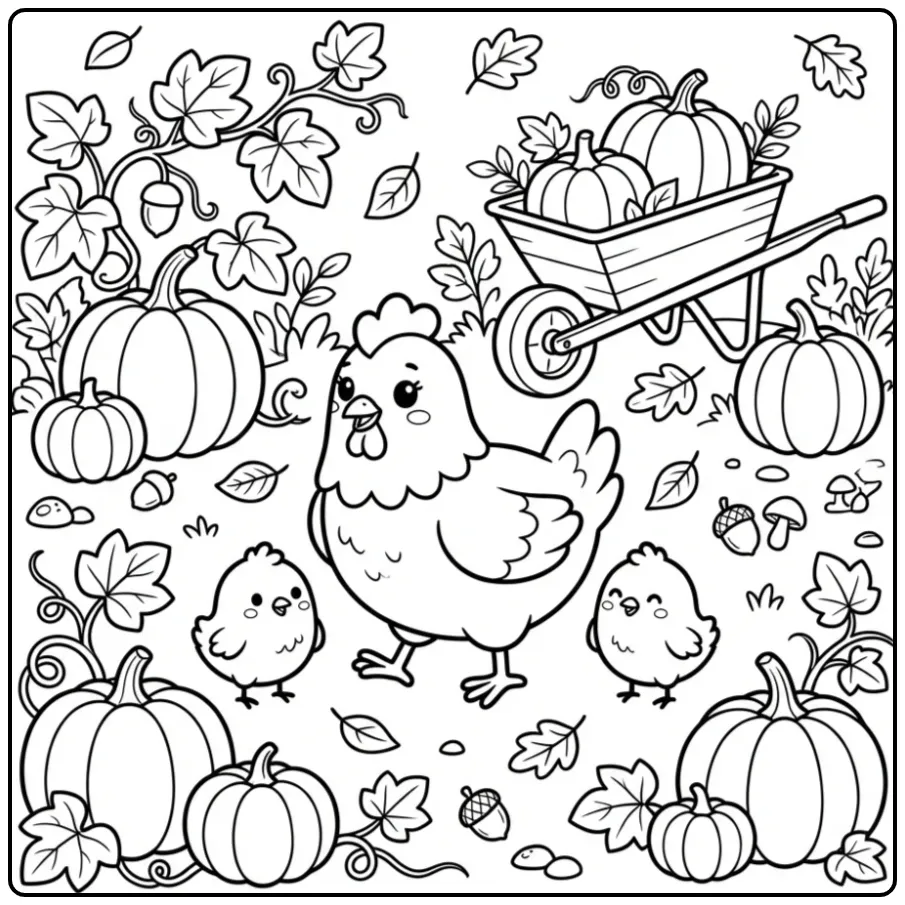 Hen with chicks coloring page among autumn pumpkins