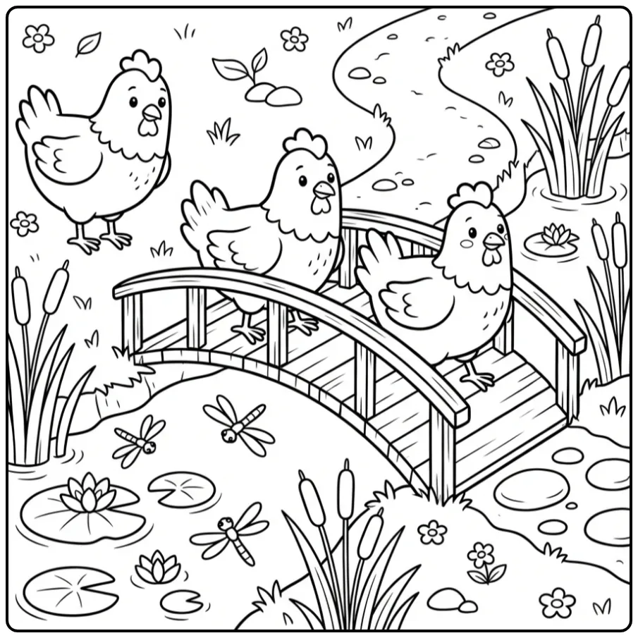 Chicken coloring page crossing a wooden bridge