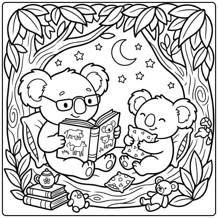 Sweet koala bear coloring page with a book and moon