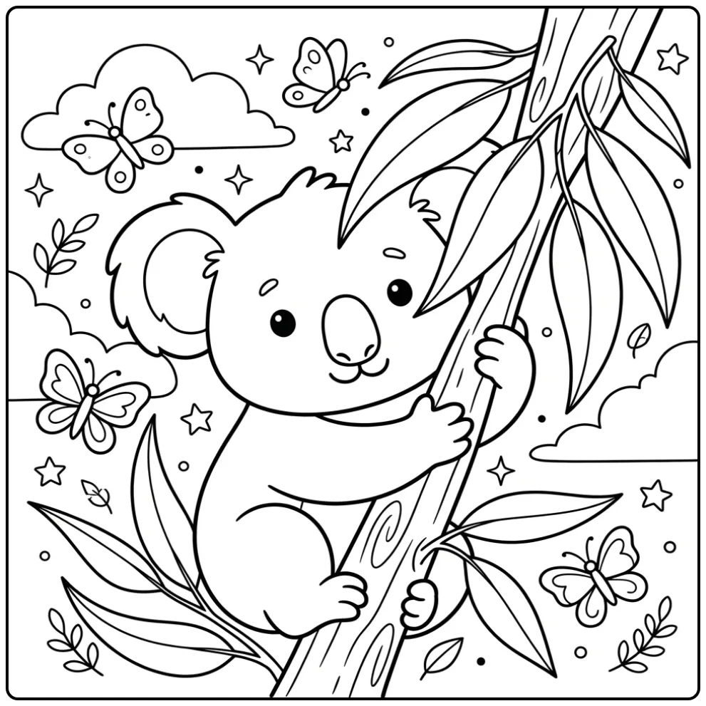 Koala bear coloring page hugging a branch