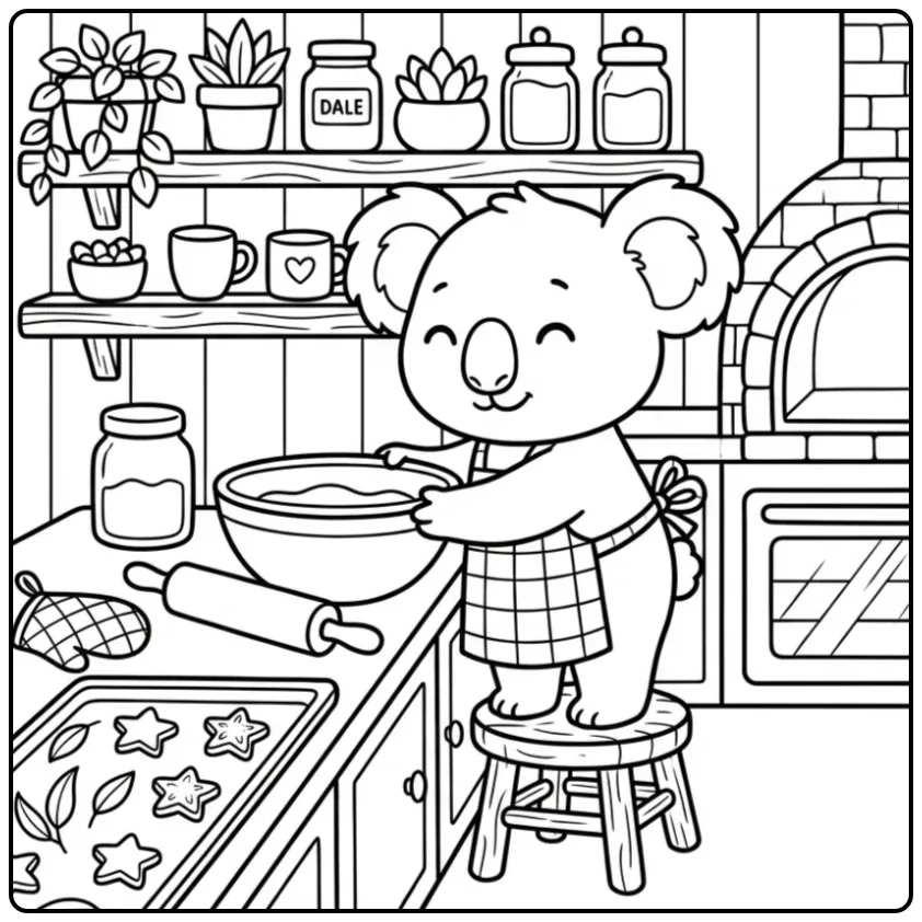 Cute koala bear coloring page baking cookies in the kitchen