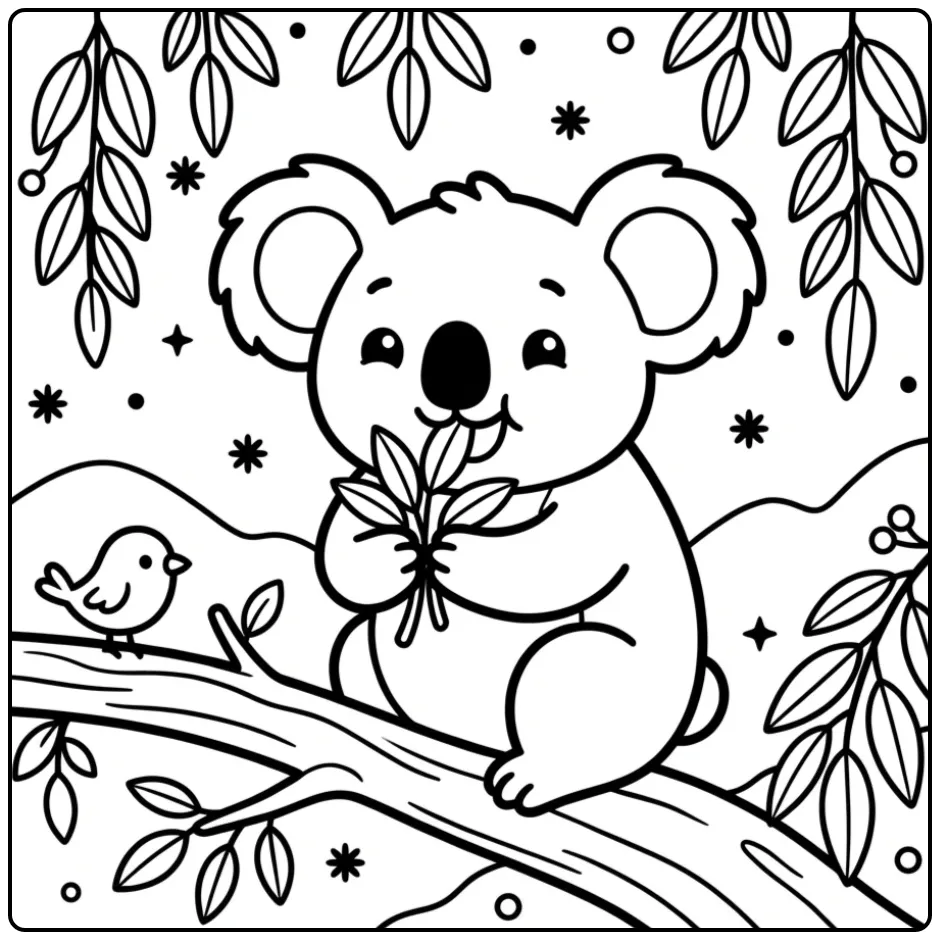 Koala bear coloring page sitting on a branch with leaves