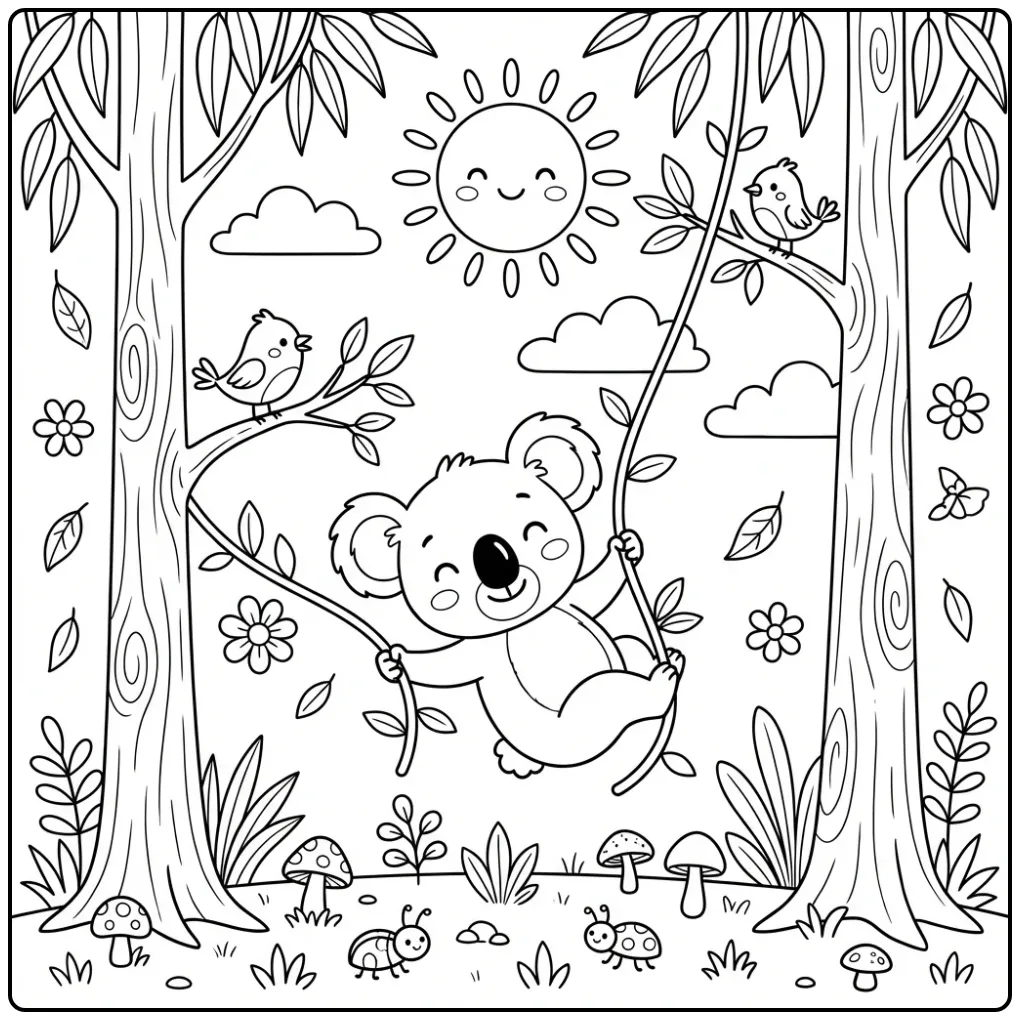 Happy koala bear coloring page swinging in a tree