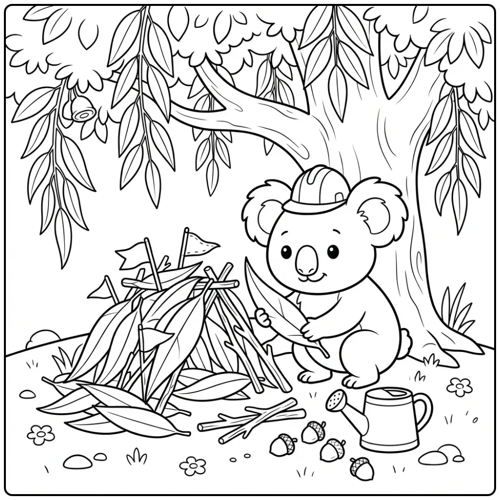 Koala bear coloring page building a fort from leaves