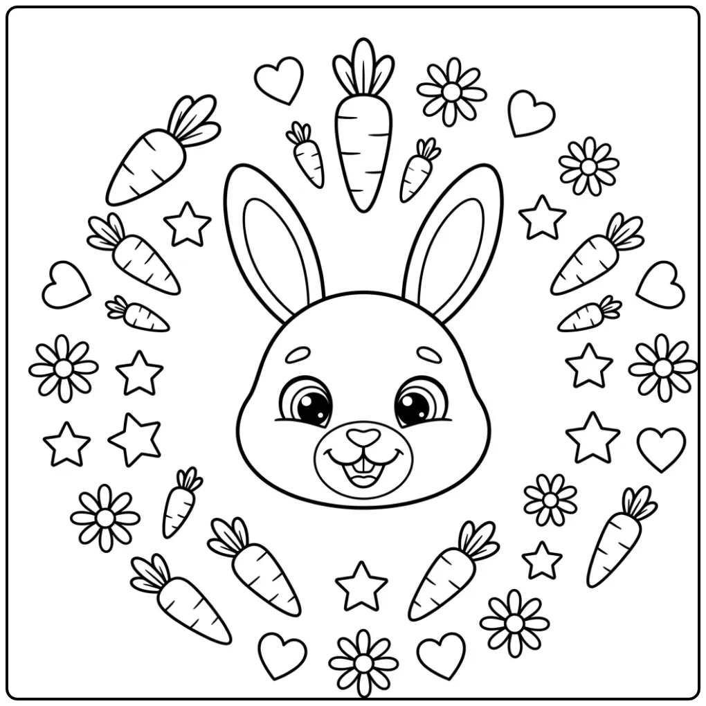 Rabbit head coloring page surrounded by hearts