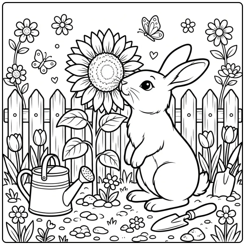 Rabbit coloring page smelling a sunflower
