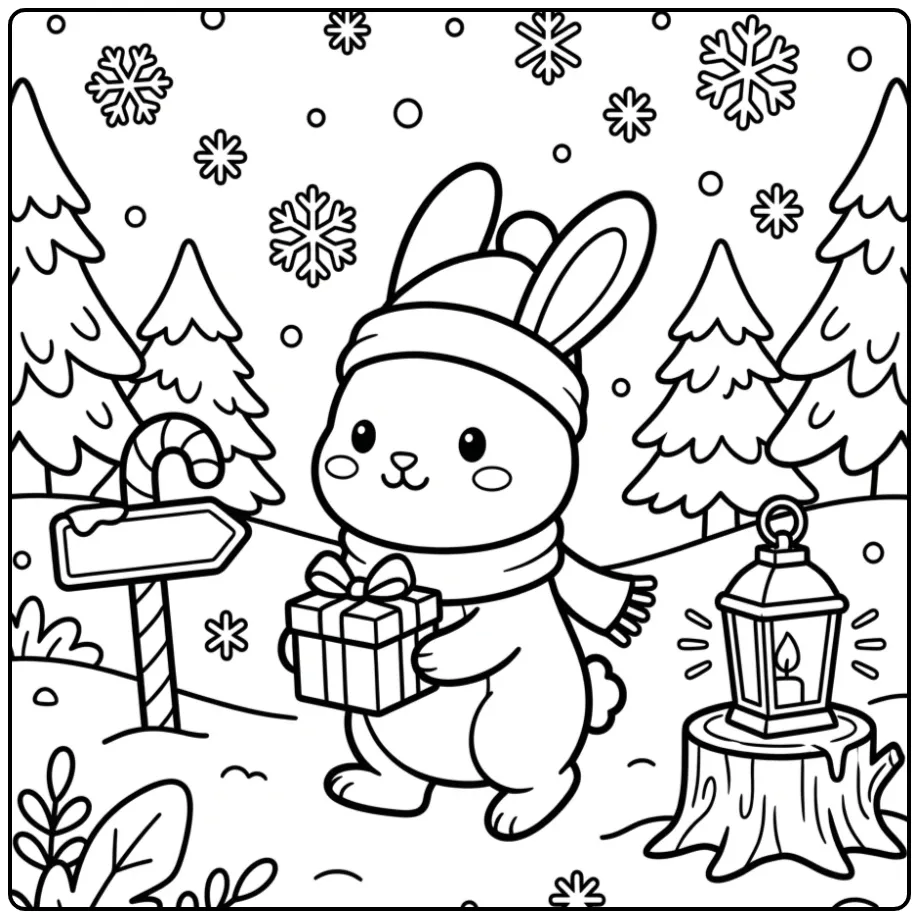 Christmas rabbit coloring page with a gift in the snow