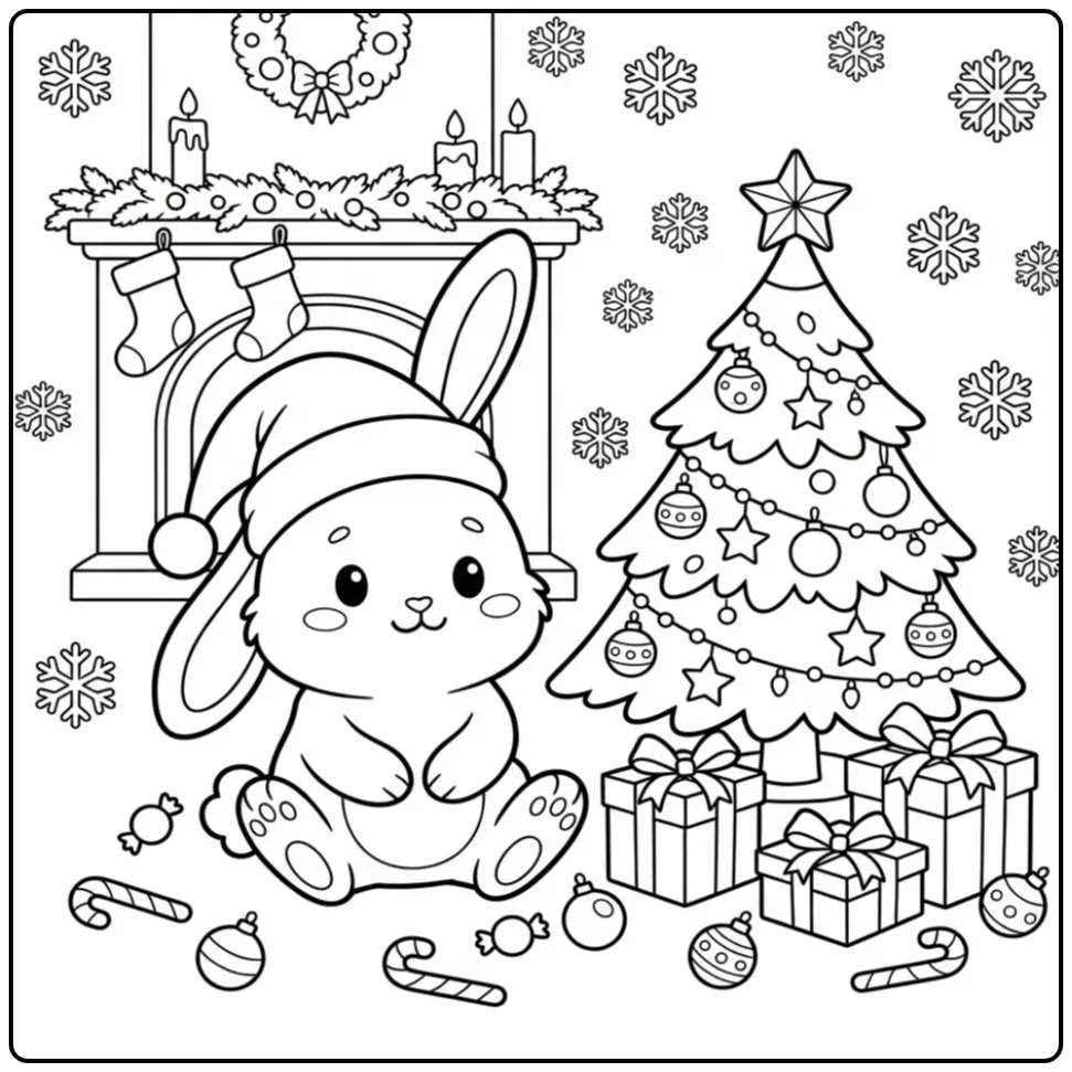 Christmas rabbit coloring page with hat and gifts