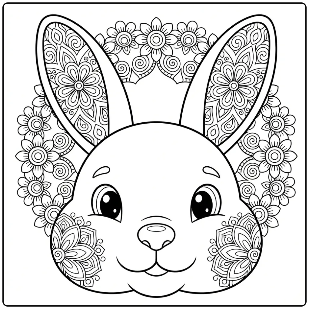 Rabbit mandala coloring page with decorated ears