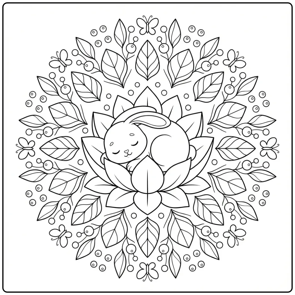Rabbit mandala coloring page with a sleeping bunny