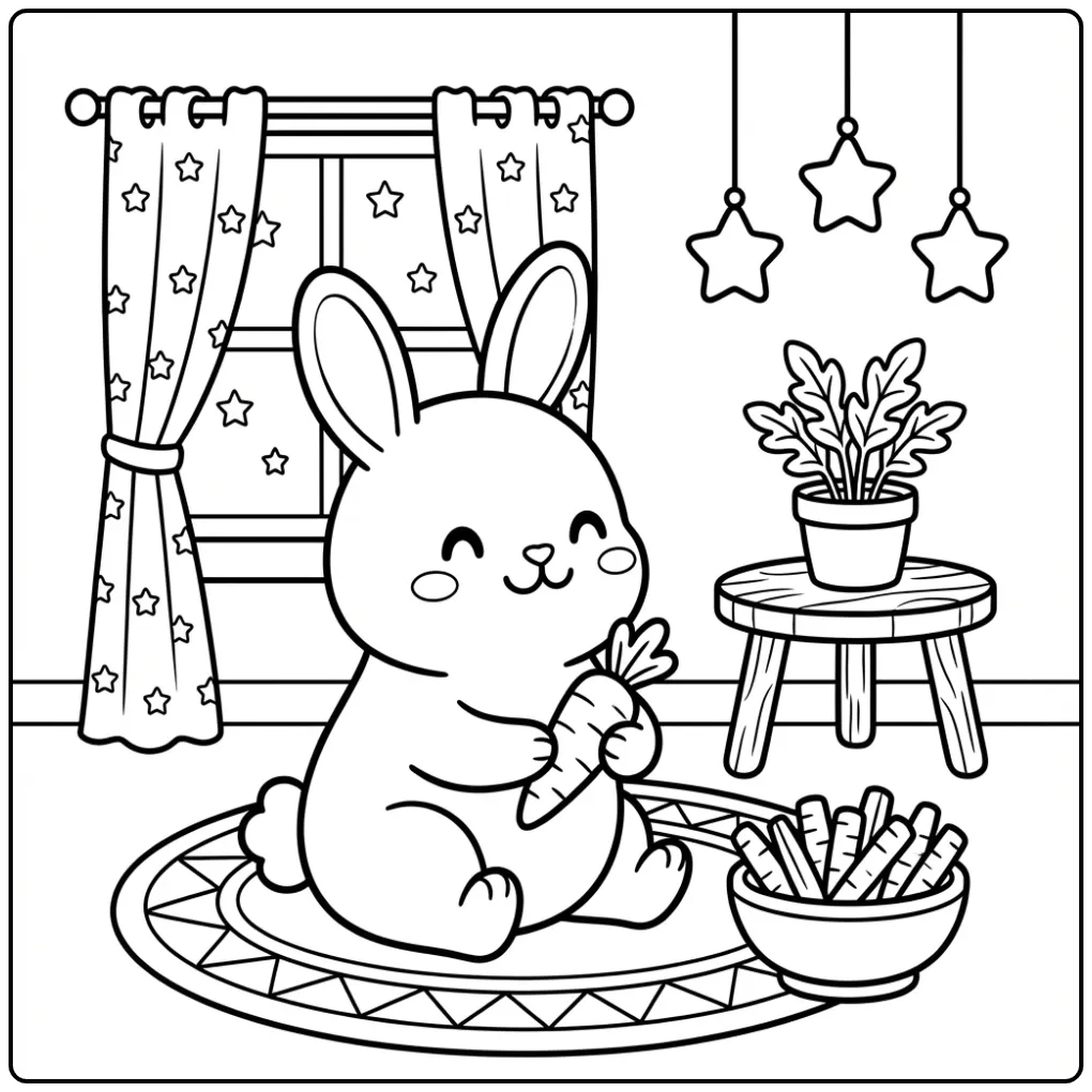 Rabbit with carrot coloring page on a rug indoors