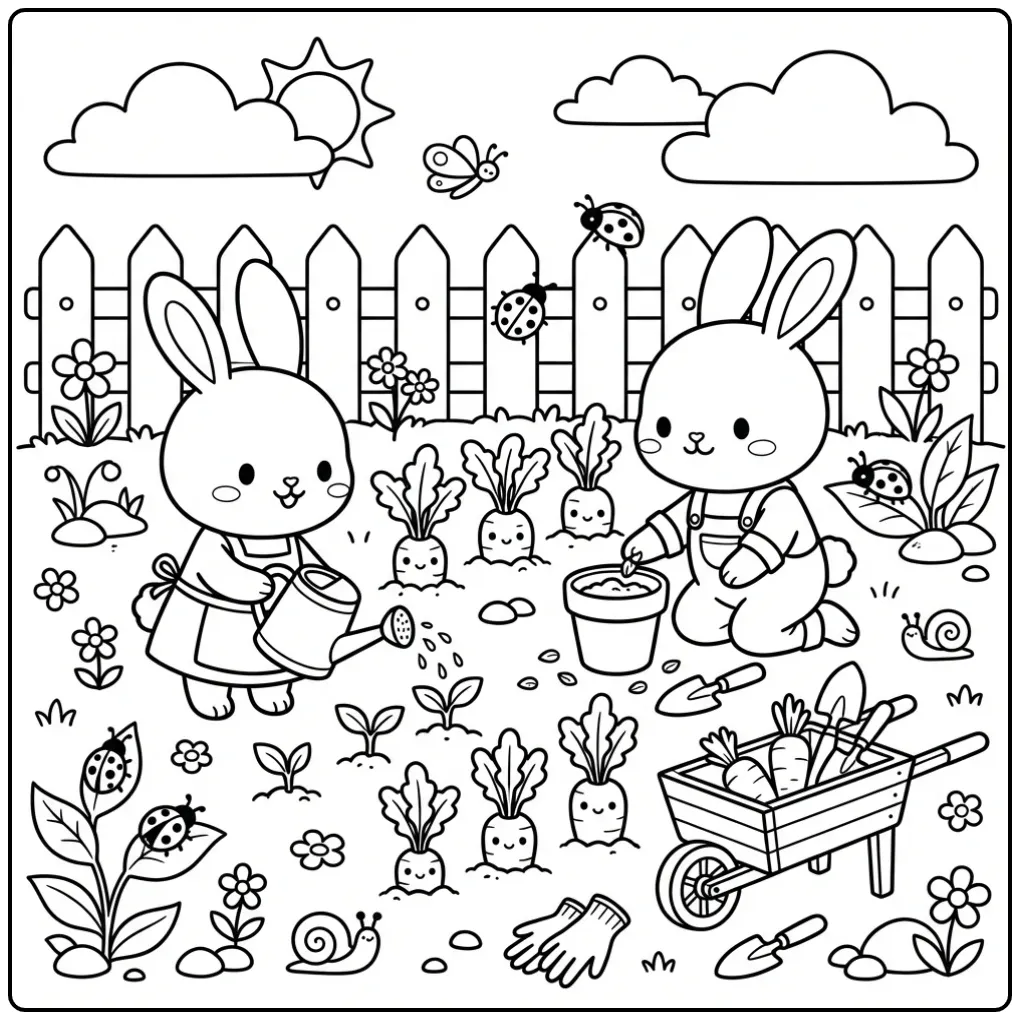 Bunnies coloring page gardening in the sun